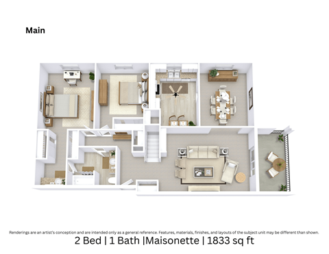 Floor plan for 2 beds, 1 bath, 1833 sqft